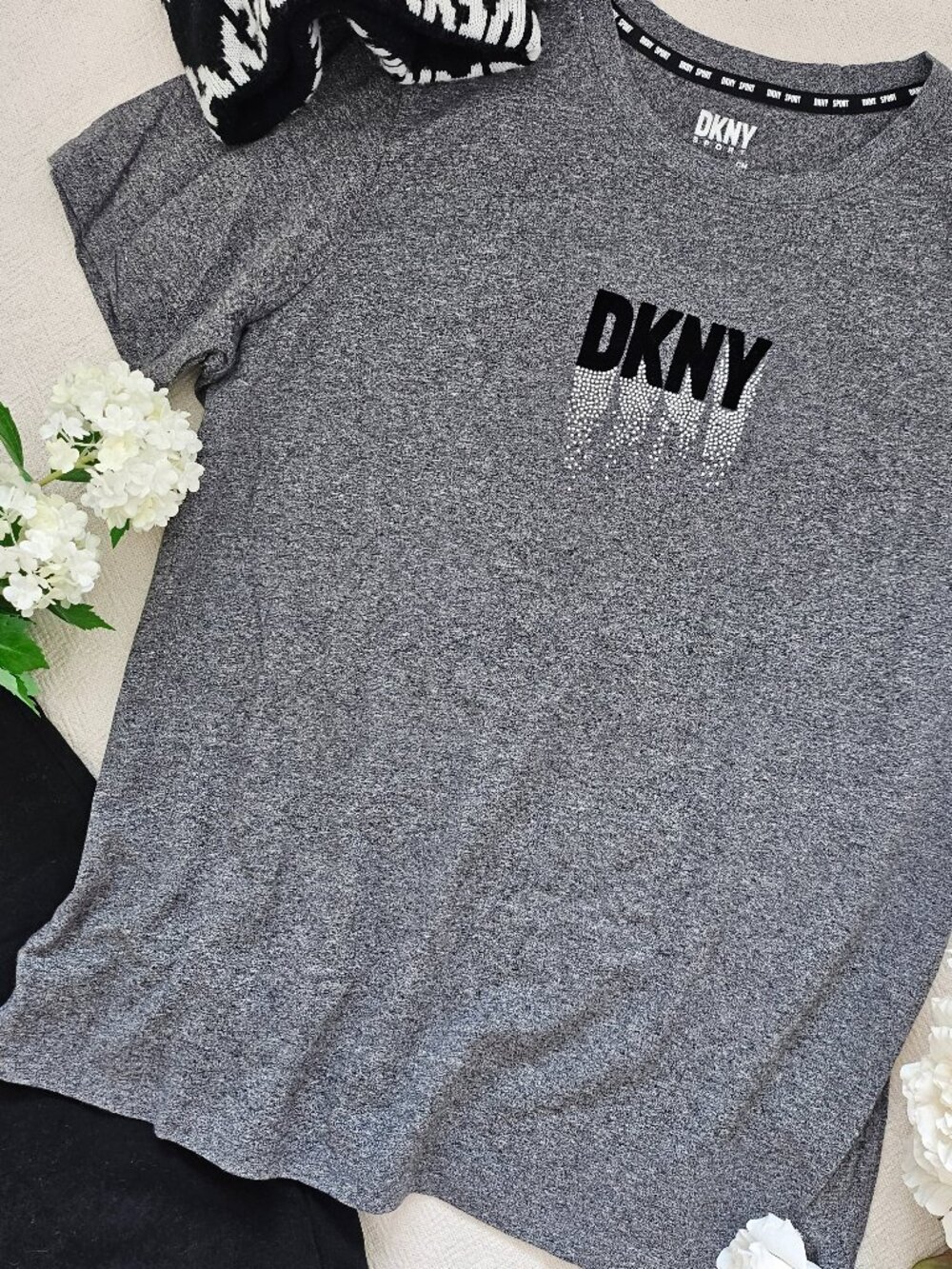 DKNY Sport Flocked Logo Rhinestone Tee Heather Gray M NWOT